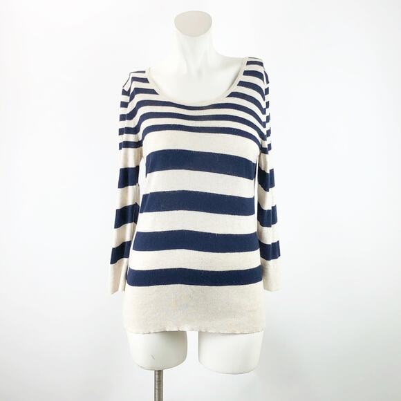 2/$30 LOFT Small Womens Navy Beige Striped Knit Pullover Top - Picture 1 of 8
